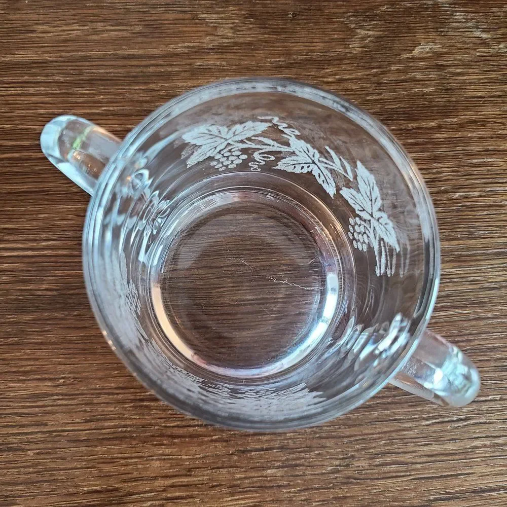 Vintage 50s Clear Glass Sugar Bowl Acid Etched With Grapes, Vine And Leaf Design